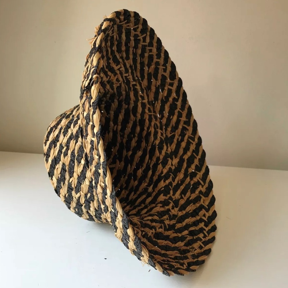 Vintage Straw Bucket Sun Beach Hat Black Womens